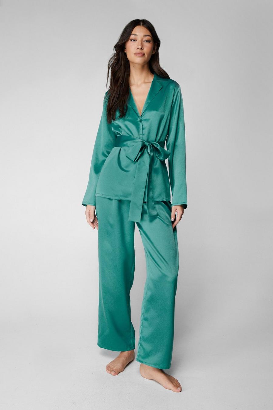 Emerald Satin Belted Pyjama Trousers Set
