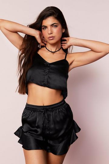 Satin Button Cami And Ruffle Pajama Shorts Set black