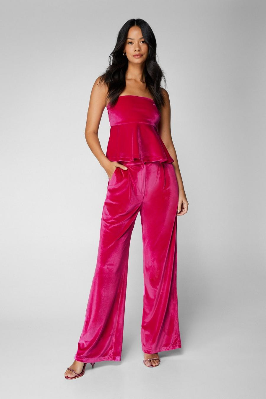 Pink Premium Velvet Tailored Wide Leg Pants