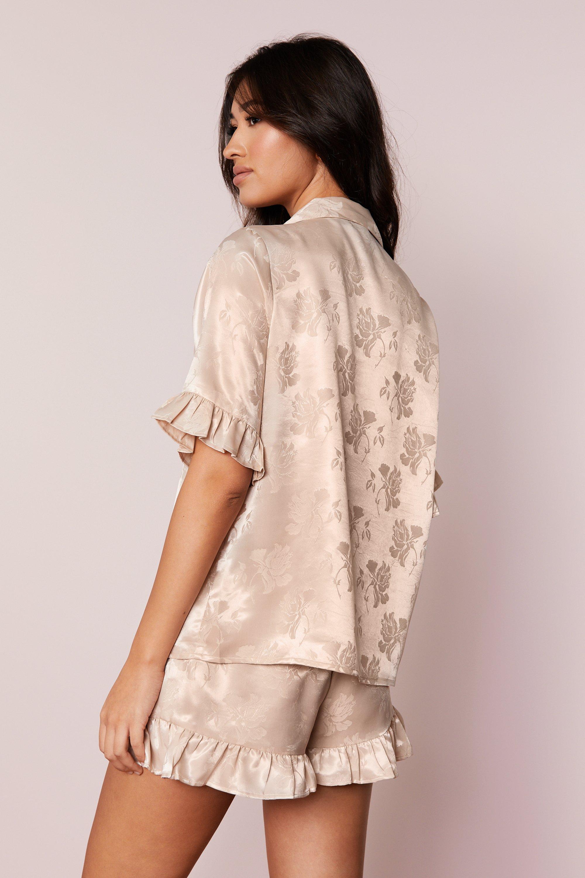 Women s Satin Floral Jacquard Ruffle Pajama Shorts Set Boohoo UK