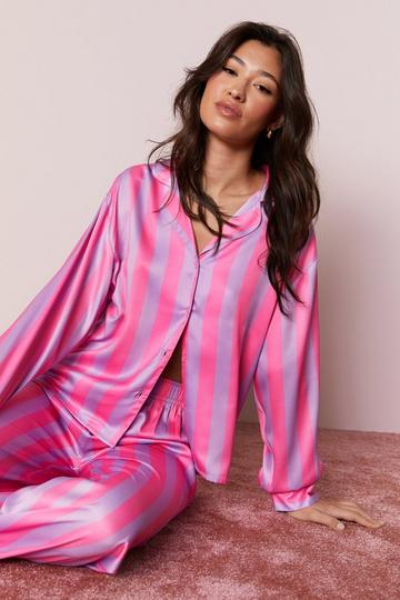 Satin Oversized Stripe Pajama Pants Set pink