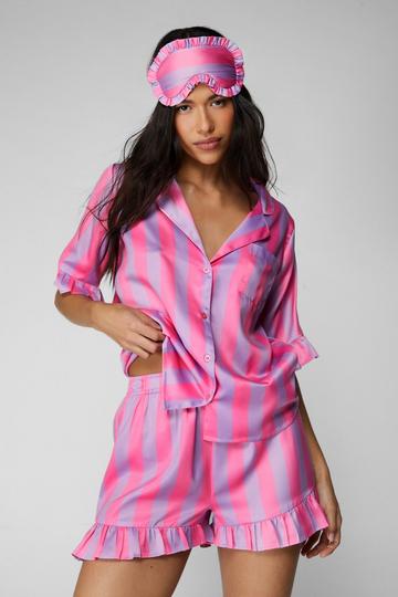 Pink Satin Stripe Ruffle 3pc Pajama Shorts And Eyemask Set