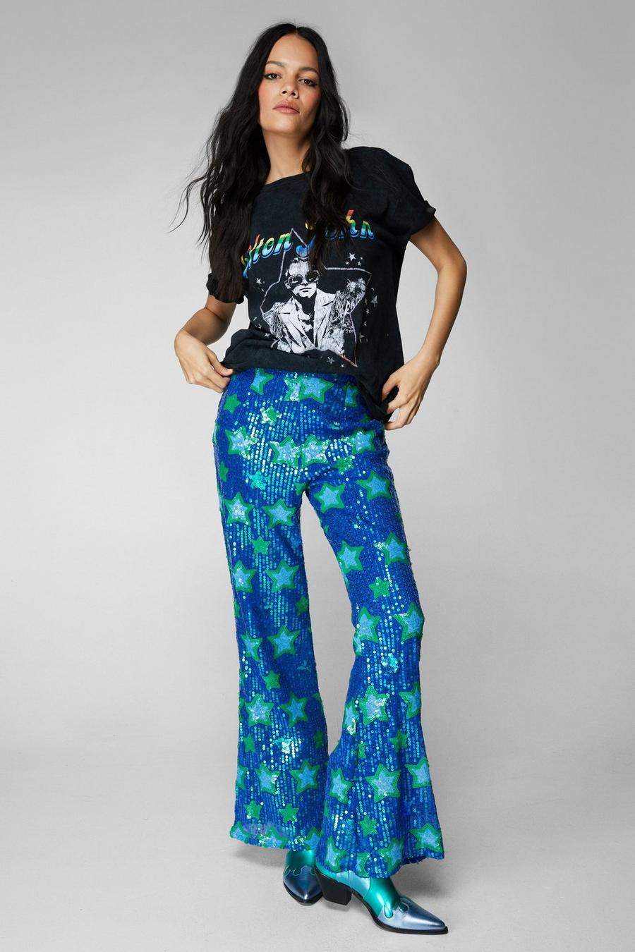 Blue Petite Star Sequin Flare Trousers