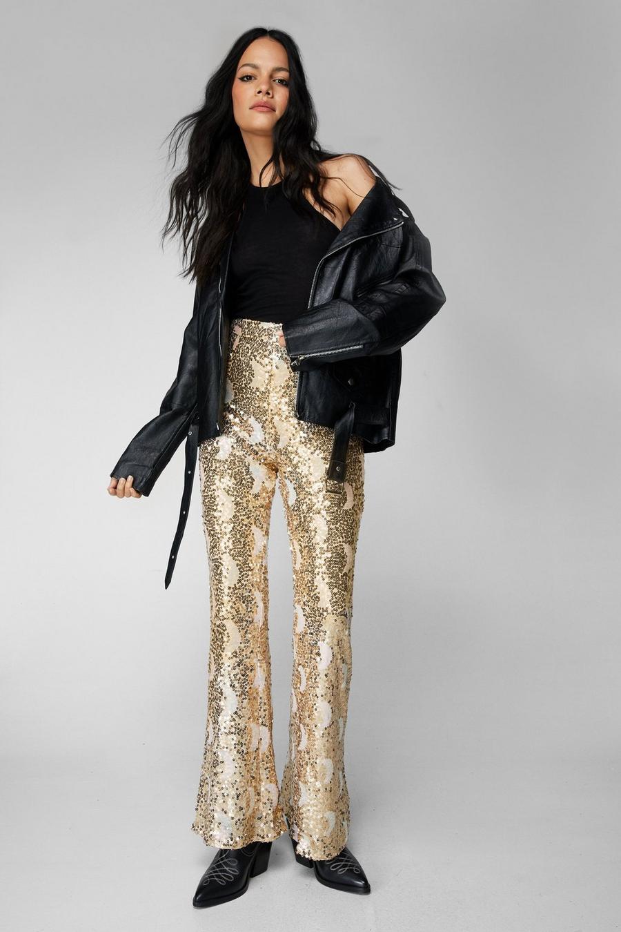 Gold Metallic Moon Sequin Flare Pants