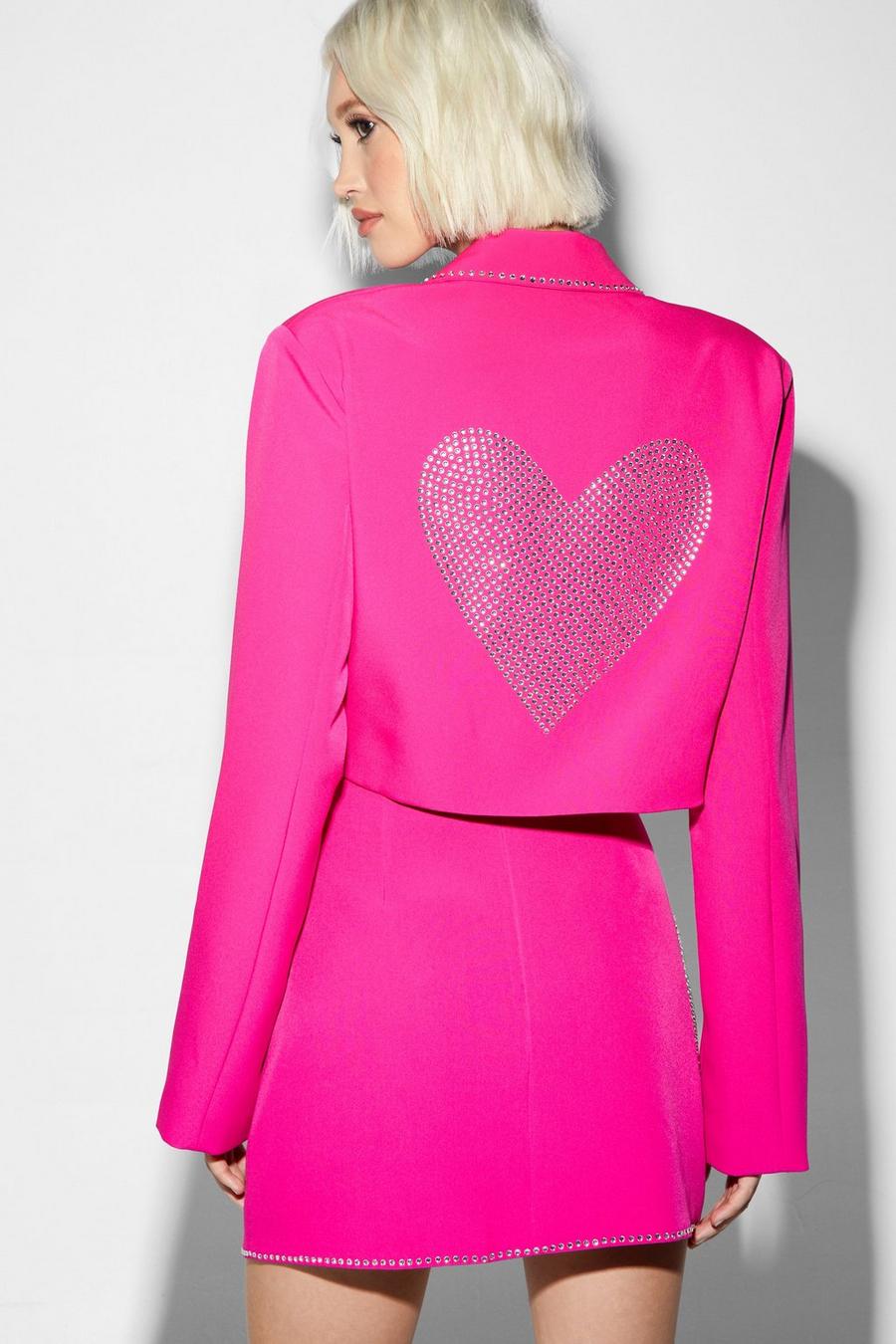 Pink Premium Tailored Diamante Heart Cropped Blazer