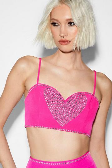 Premium Tailored Diamante Heart Bralette hot pink