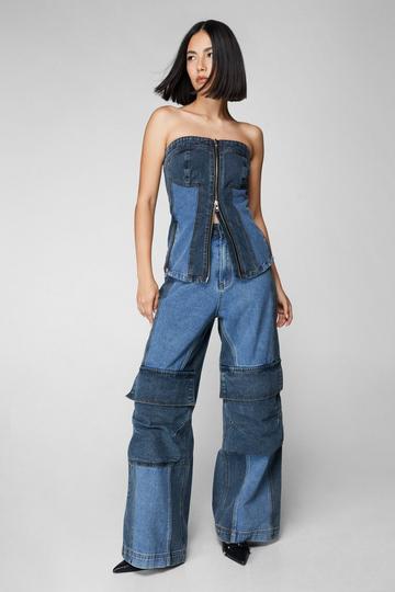 Denim Color Block Cargo Wide Leg Jeans multi