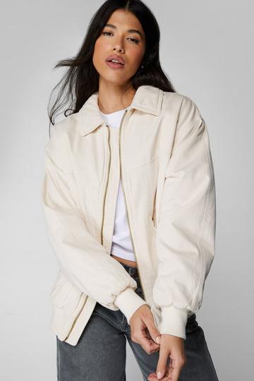 Ecru White Patchwork Twill Bomber Jacket