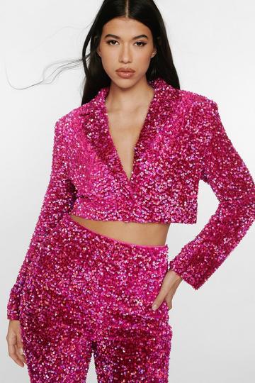 Velvet Sequin Cropped Blazer berry