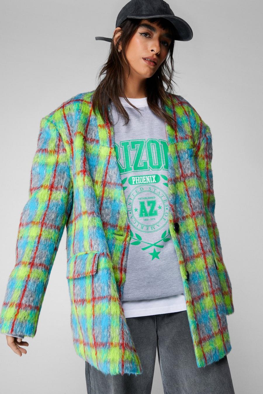 Premium Neon Plaid Tailored Blazer Coat image number 1