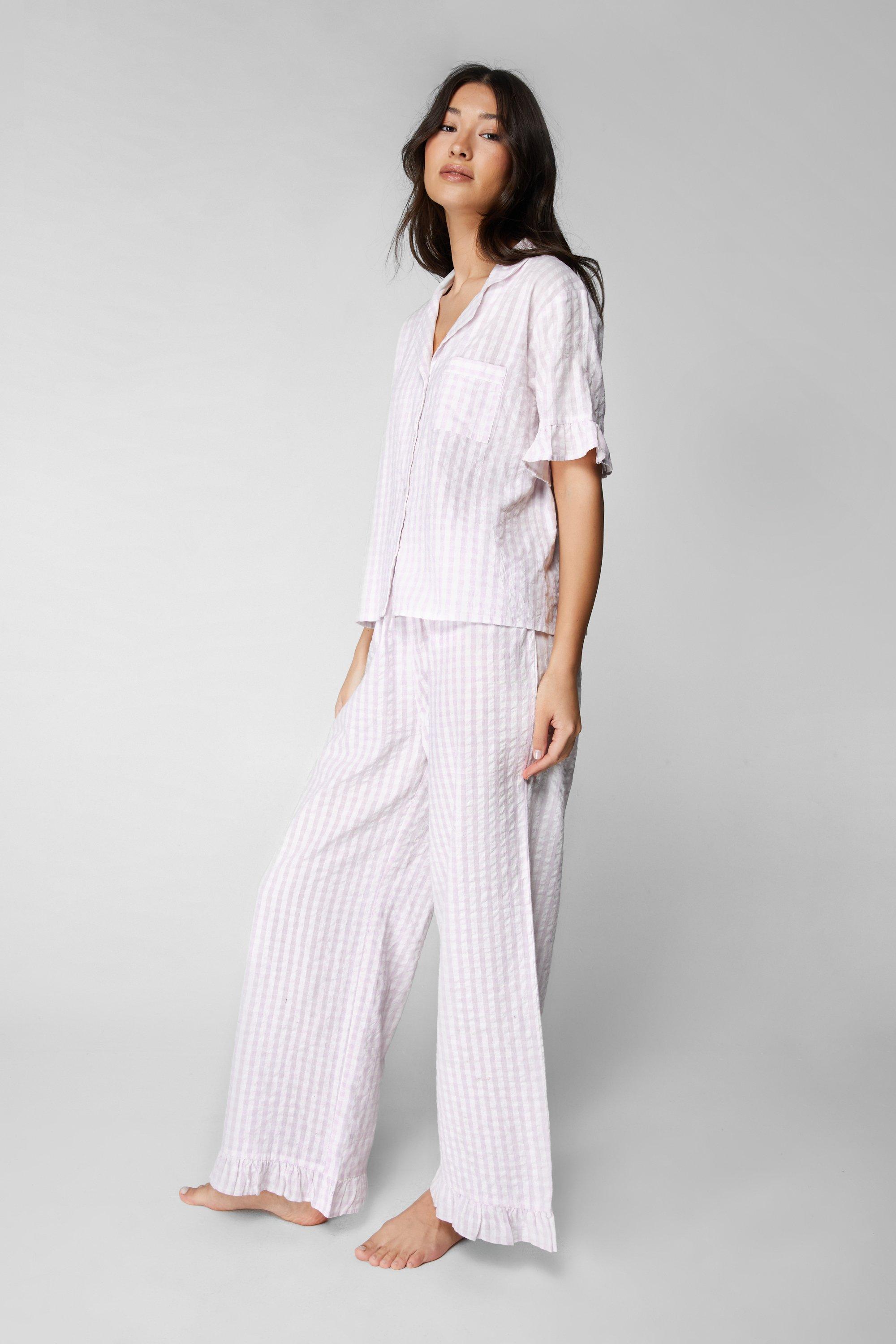 Women s Cotton Gingham Ruffle Pajama Pants Set Boohoo UK