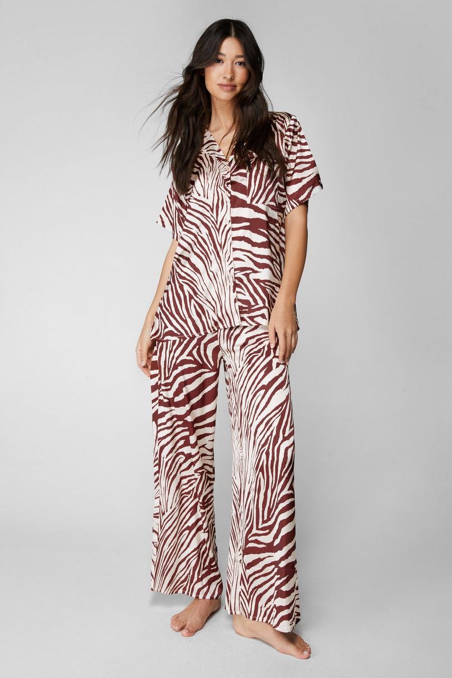Chocolate Satin Zebra Oversized Pajama Pants Set image number 1