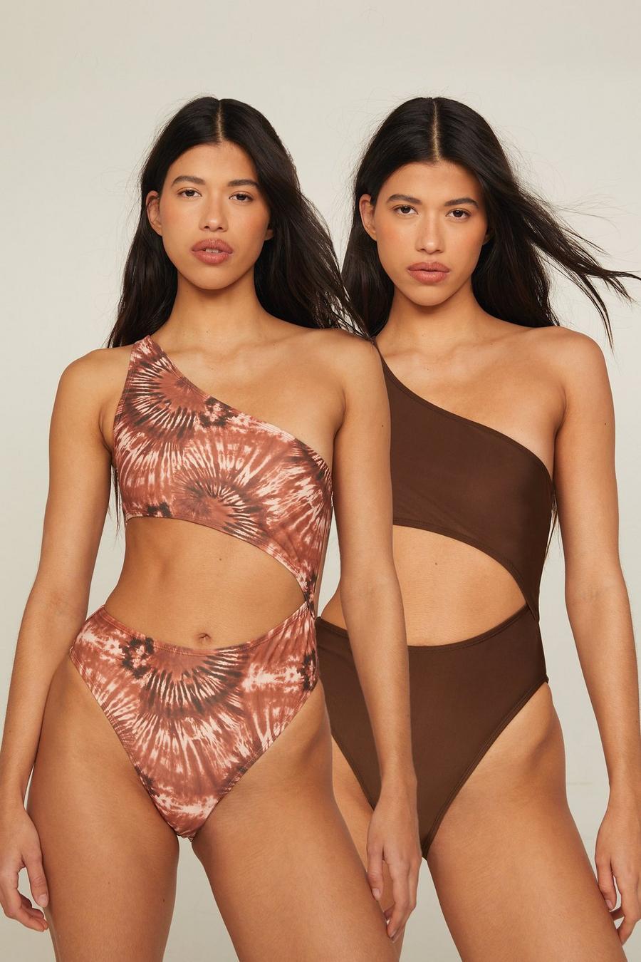 Multi Basic 2 Pack Tie Dye One Shoulder Cut Out Swimsuits