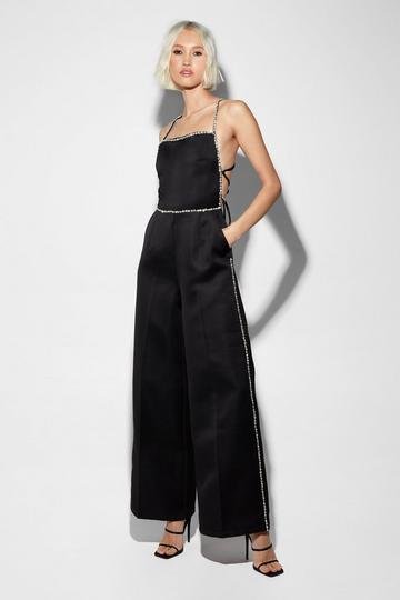 Premium Satin Diamante Trim Strap Back Jumpsuit black