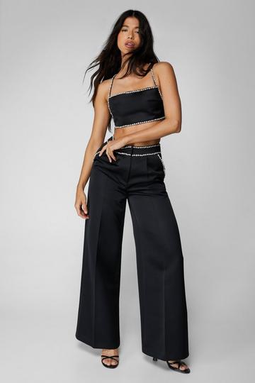 Premium Satin Diamante Trim Tailored Pants black