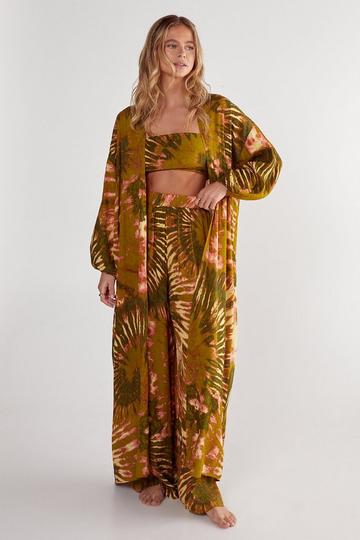 Khaki (Az) Crinkle Viscose Tie Dye Bandeau, Pants, Kimono 3pc Set