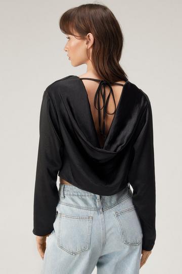 Cowl Back Textured Satin Long Sleeve Crop Top black