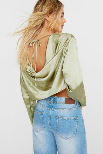 Cowl Back Textured Satin Long Sleeve Crop Top khaki