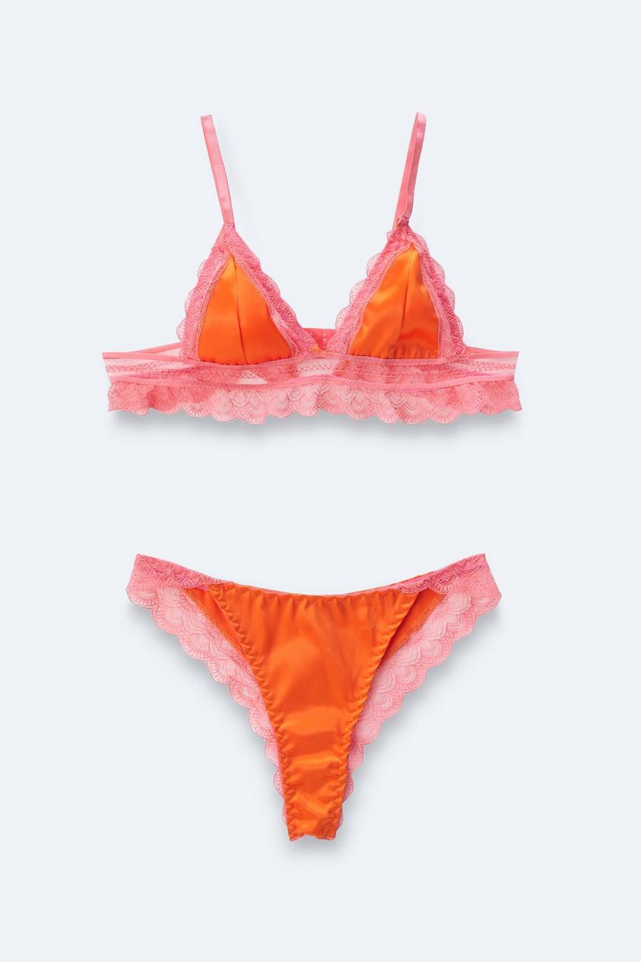 Orange Satin Contrast Lace Scallop Triangle Lingerie Set