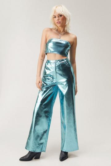 Metallic Faux Leather Wide Leg Pants blue