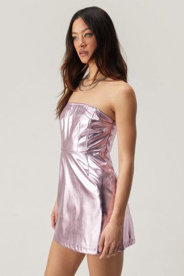 Pink Metallic Faux Leather Bandeau Dress