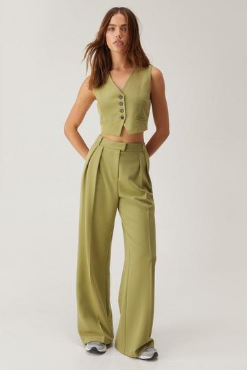 Khaki Tailored Pleat Detail Straight Leg Trouser