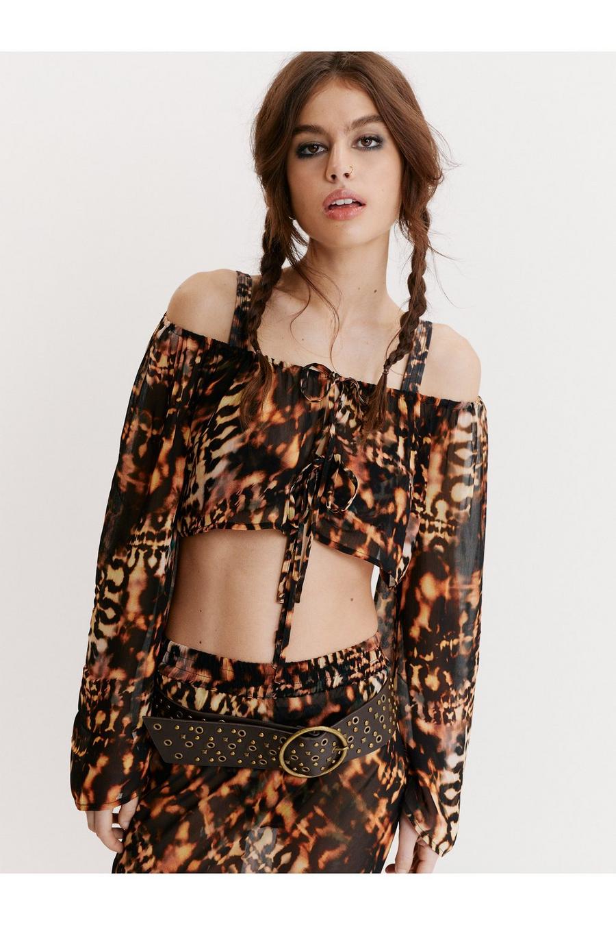 Brown Sheer Animal Print Tie Front Beach Cover Up Top