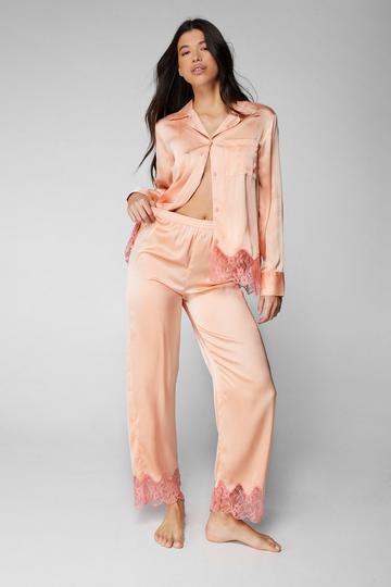 Satin Contrast Lace Long Sleeve Pajama Pants Set peach