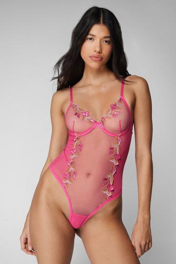 Pink Floral Embriodery Lace Detail Lingerie Bodysuit