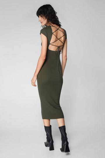 Lace Up Knit Midi Dress khaki