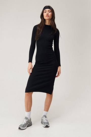 Black Seamless Long Sleeve Midi Dress