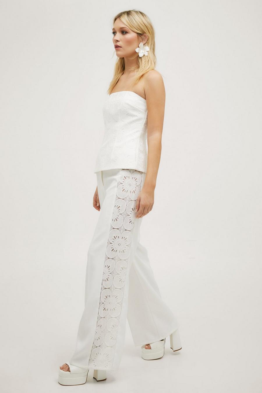 Ivory Lace Side Panel High Waisted Tailored Trousers image number 1