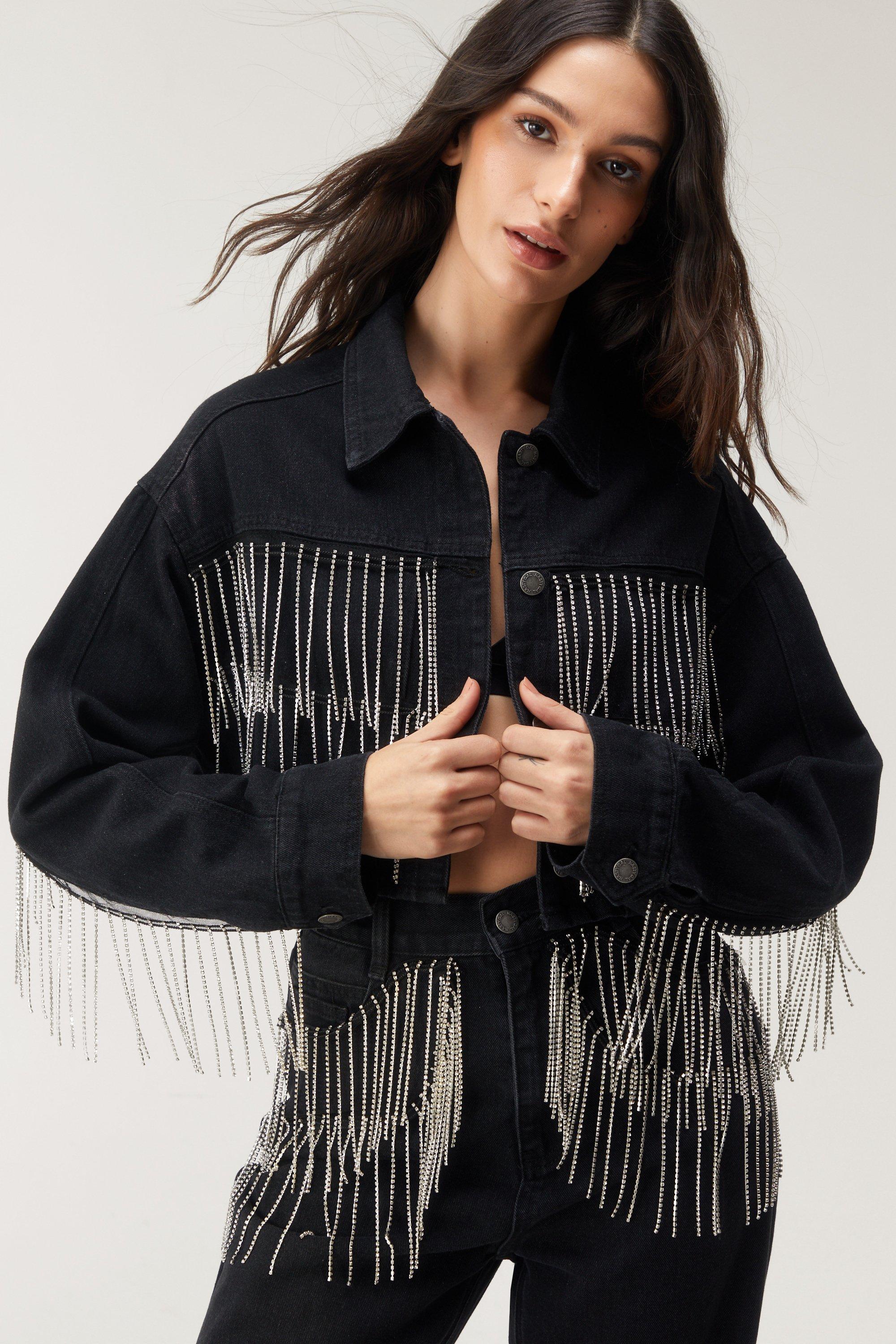 Black fringe jean jacket best sale