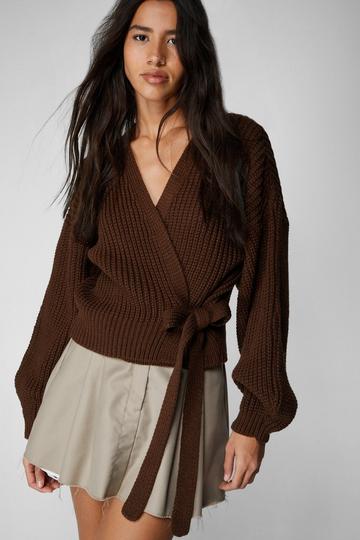 Balloon Sleeve Wrap Knit Cardigan chocolate