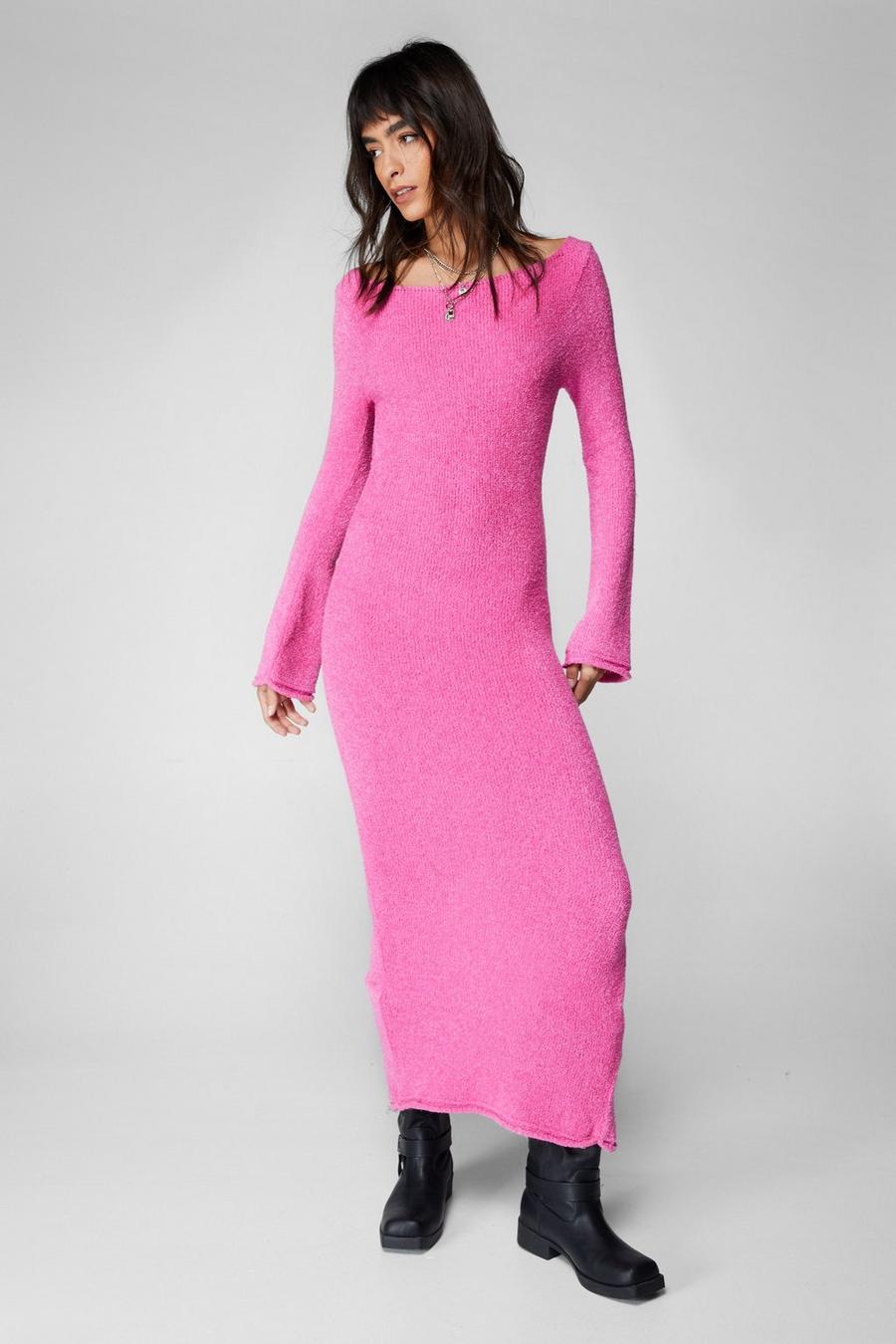 Pink Boucle Long Sleeve Maxi Dress