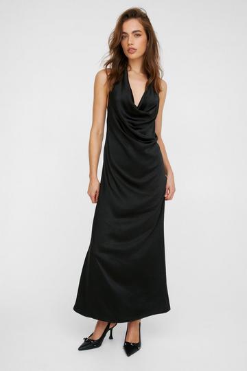 Black Petite Plunge Cowl Halter Textured Satin Midi Slip Dress