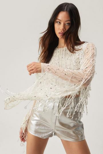 Beaded Tassel Sheer Bell Sleeve Top nude