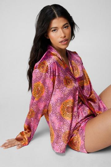 Satin Tile Print Long Sleeve Pajama Shorts Set purple