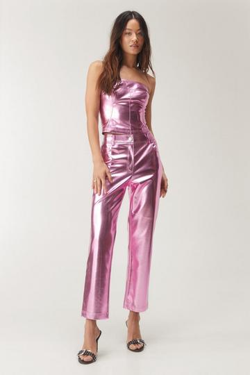 Metallic Faux Leather Straight Leg Pants pink