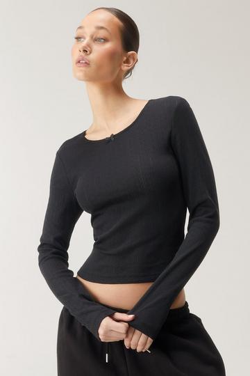 Pointelle Lace Trim Long Sleeve Top black