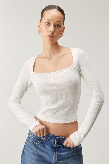 Pointelle Lace Trim Square Neck Long Sleeve Top ecru