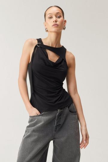 Black Premium Slinky Ring Detail Cowl Neck Top