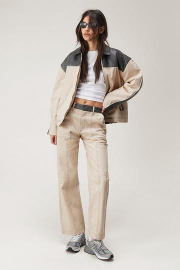 Twill & Faux Leather Color Block Straight Leg Pants multi