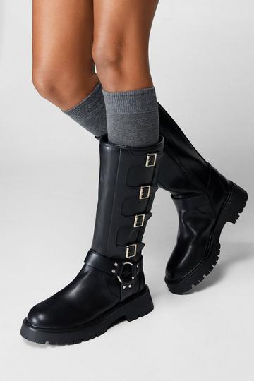 Faux Leather Buckle Knee High Boots black