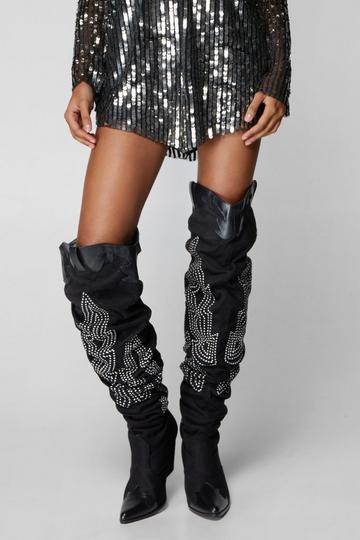 Thigh High Slouchy Embriodered Cowboy Boots black