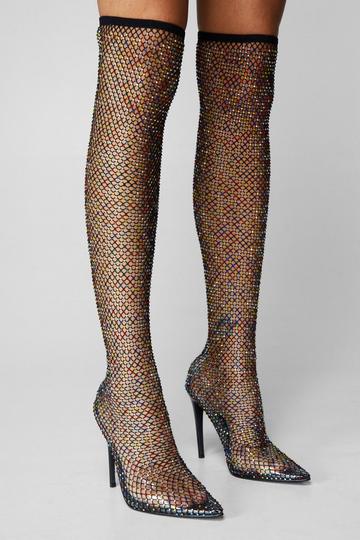 Multicolor Diamante Net Thigh High Boots multi