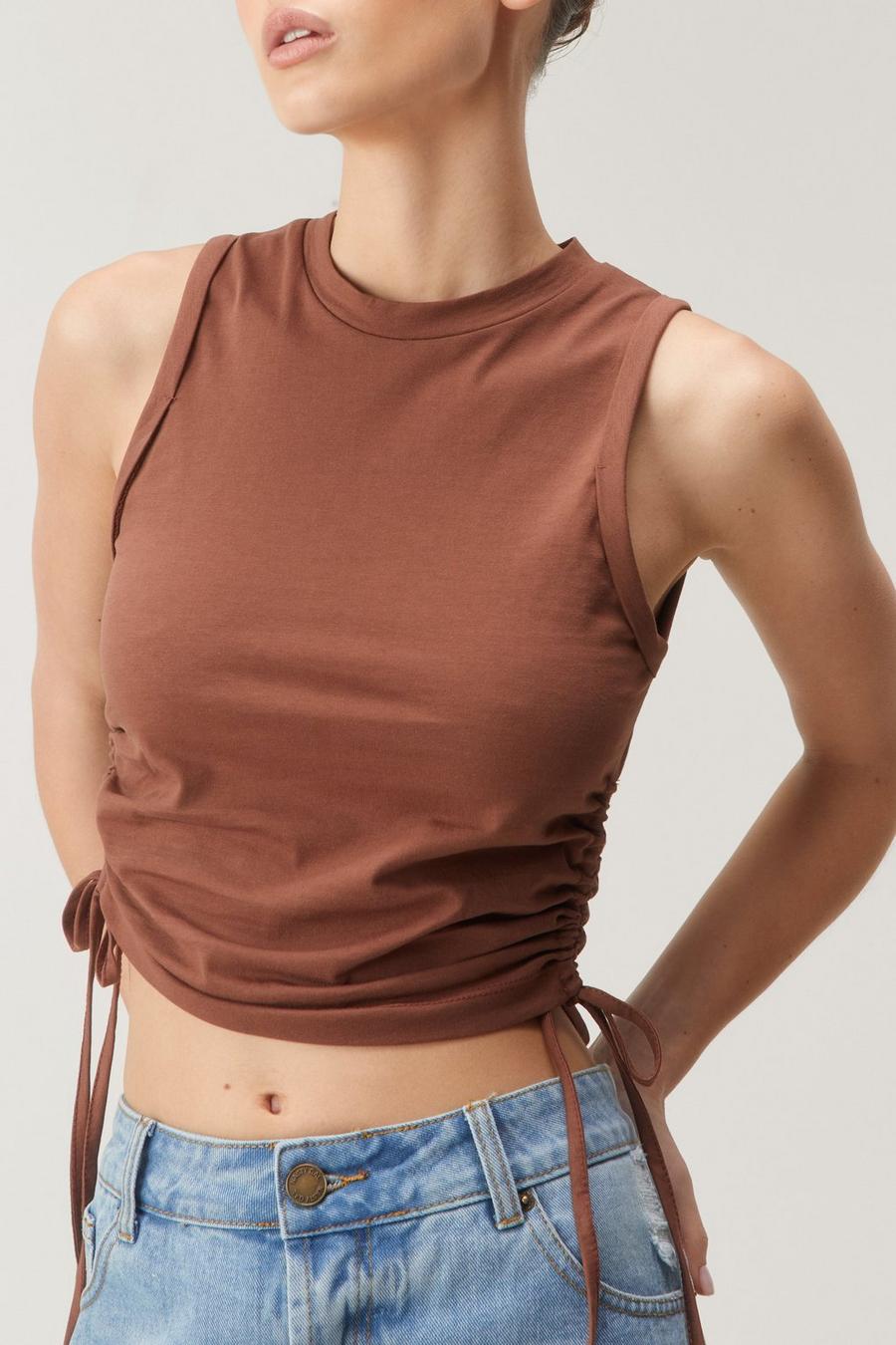 Chocolate Ruched Side High Neck Tank Top