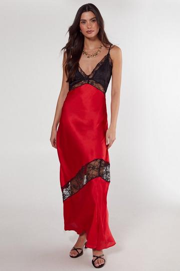 Red Satin Lace Trim Maxi Dress