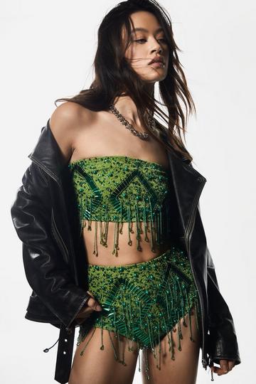 Green Diamante Embellished Tassel Beaded Bandeau Top