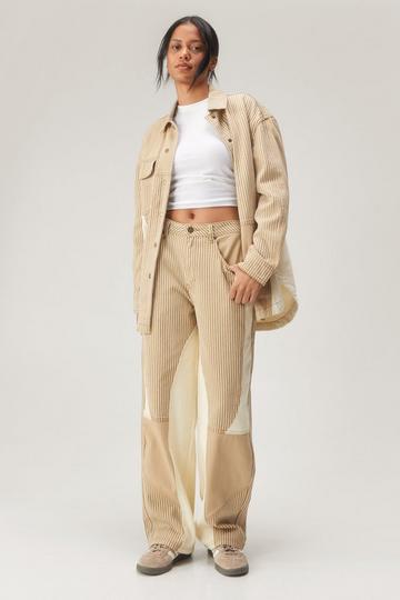 Beige Twill Stripe Colorblock Pants